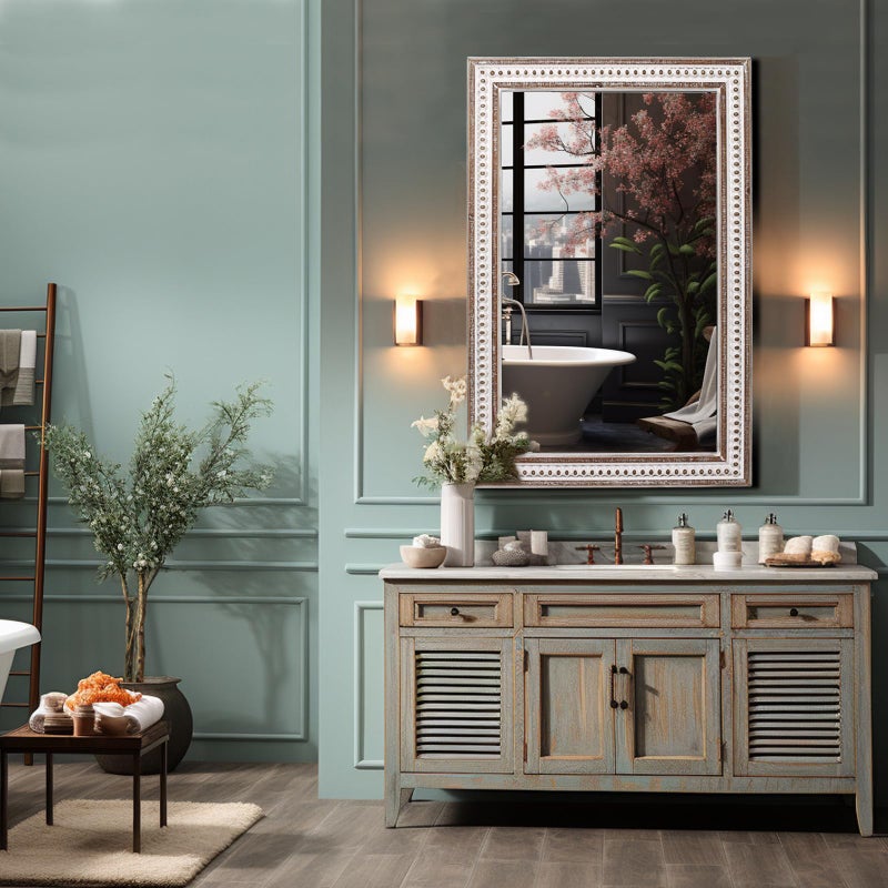 Decointo Rectangle Mirror Wooden Bathroom Mirrors - 35x23'' Boho Rectangular Mirrors for Wall Rustic Farmhouse Decorative Mirrors for Bedroom, Living Room, Entryway - Vertical or Horizontal Hanging - Image 2