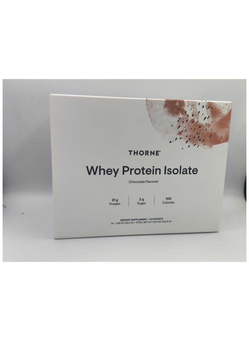 Thorne Whey Protein Isolate Chocolate Flavored 21 G Protein 2 G Suger 100 Calories Dietary Supplement 14 Packets - 14-1.06 OZ (30.2G) / Total Net WT 14.91 Oz (422.8 G)  - Image 1