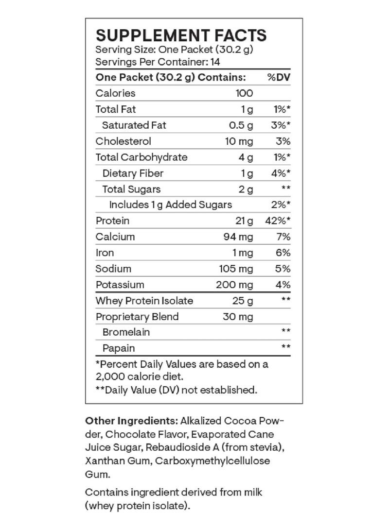 Thorne Whey Protein Isolate Chocolate Flavored 21 G Protein 2 G Suger 100 Calories Dietary Supplement 14 Packets - 14-1.06 OZ (30.2G) / Total Net WT 14.91 Oz (422.8 G)  - Image 3