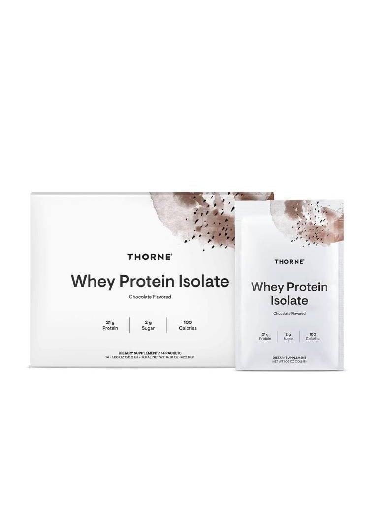 Thorne Whey Protein Isolate Chocolate Flavored 21 G Protein 2 G Suger 100 Calories Dietary Supplement 14 Packets - 14-1.06 OZ (30.2G) / Total Net WT 14.91 Oz (422.8 G)  - Image 1