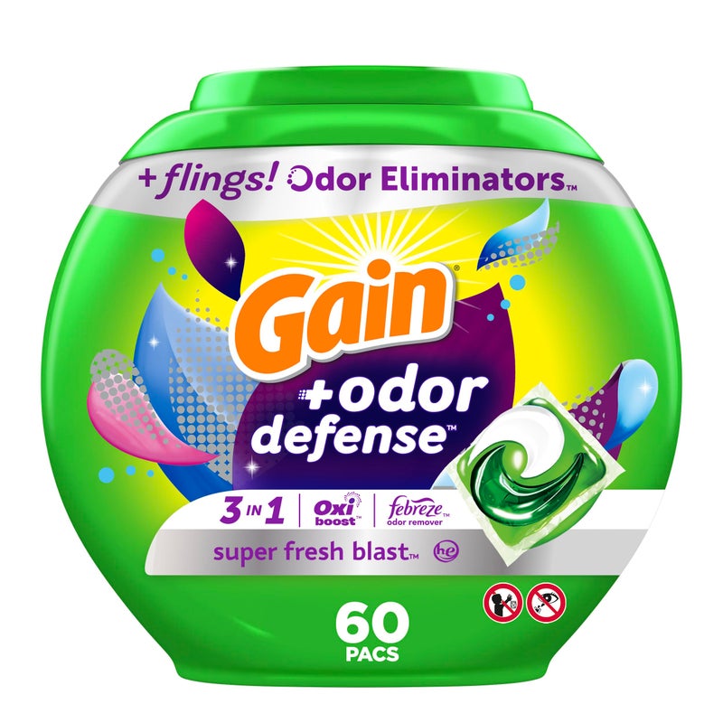 Gain Flings Laundry Detergent Pacs with Odor Defense 60 Ct Super Fresh HE 3in1 Detergent Pacs with Febreze and Oxi
