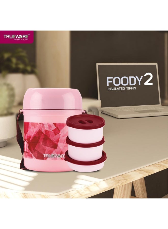 TRUEWARE Foody 2 Lunch box with3 Container,300ml X2 ,200 ml X 1, Pink | PU Insulated | Lunch Box |Tiffin |Hot lunch box| Leak Proof |Easy to Carry | Hot & Cold Food Grade| BPA Free| Microwave Safe | Office | Outdoors | For Men, Women, and Kids - Image 3