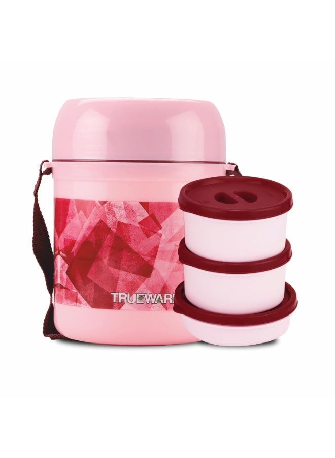 TRUEWARE Foody 2 Lunch box with3 Container,300ml X2 ,200 ml X 1, Pink | PU Insulated | Lunch Box |Tiffin |Hot lunch box| Leak Proof |Easy to Carry | Hot & Cold Food Grade| BPA Free| Microwave Safe | Office | Outdoors | For Men, Women, and Kids - Image 1