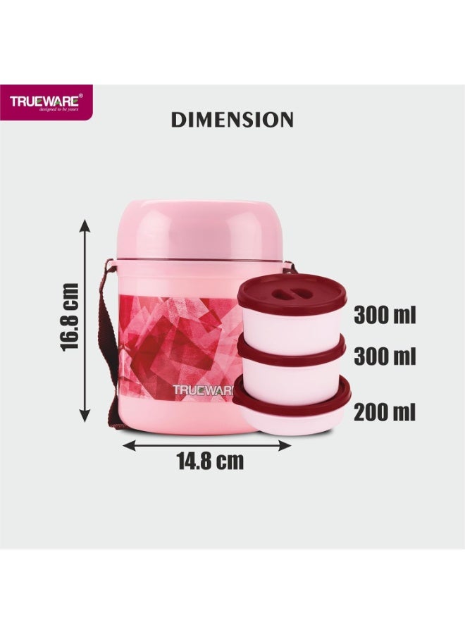 TRUEWARE Foody 2 Lunch box with3 Container,300ml X2 ,200 ml X 1, Pink | PU Insulated | Lunch Box |Tiffin |Hot lunch box| Leak Proof |Easy to Carry | Hot & Cold Food Grade| BPA Free| Microwave Safe | Office | Outdoors | For Men, Women, and Kids - Image 2