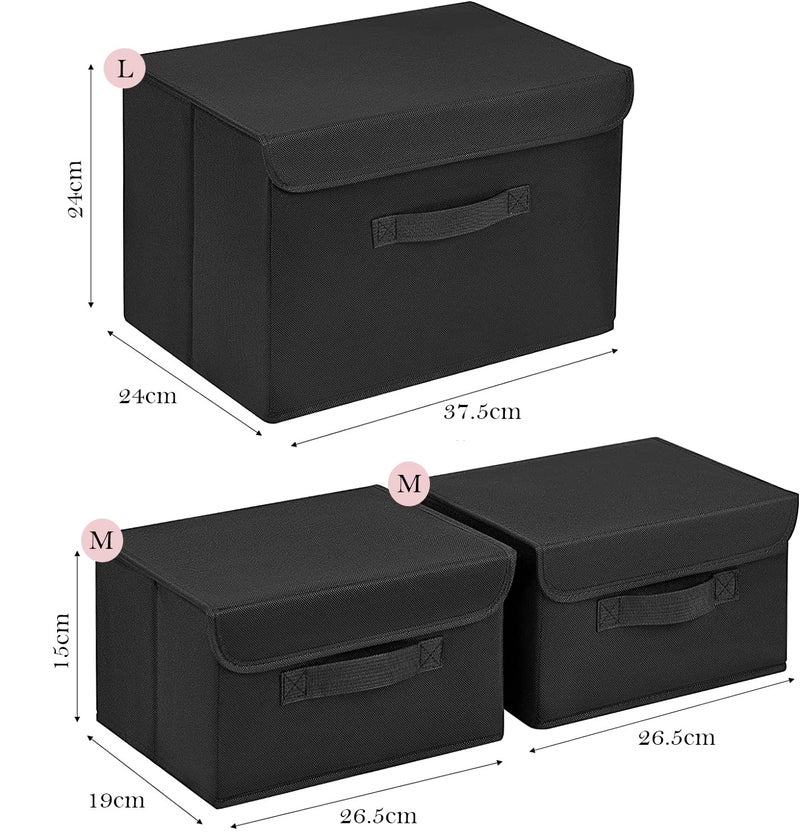 House of Quirk 3 Pack Foldable Storage Bin with Lid and Handle, Versatile Storage Baskets Boxes for Toys, Clothes, Papers, Books, Makeups (Black) - Image 3