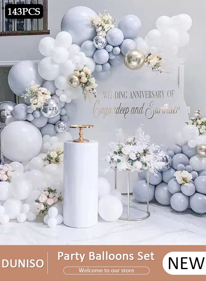 DUNISO 143 قطعة طقم قوس بالون جارلاند باللونين الأزرق والرمادي مجموعة من بالونات اللاتكس لحفلات الزفاف وأعياد الميلاد وحفلات افتتاح المدرسة وحفلات الزفاف - Image 1