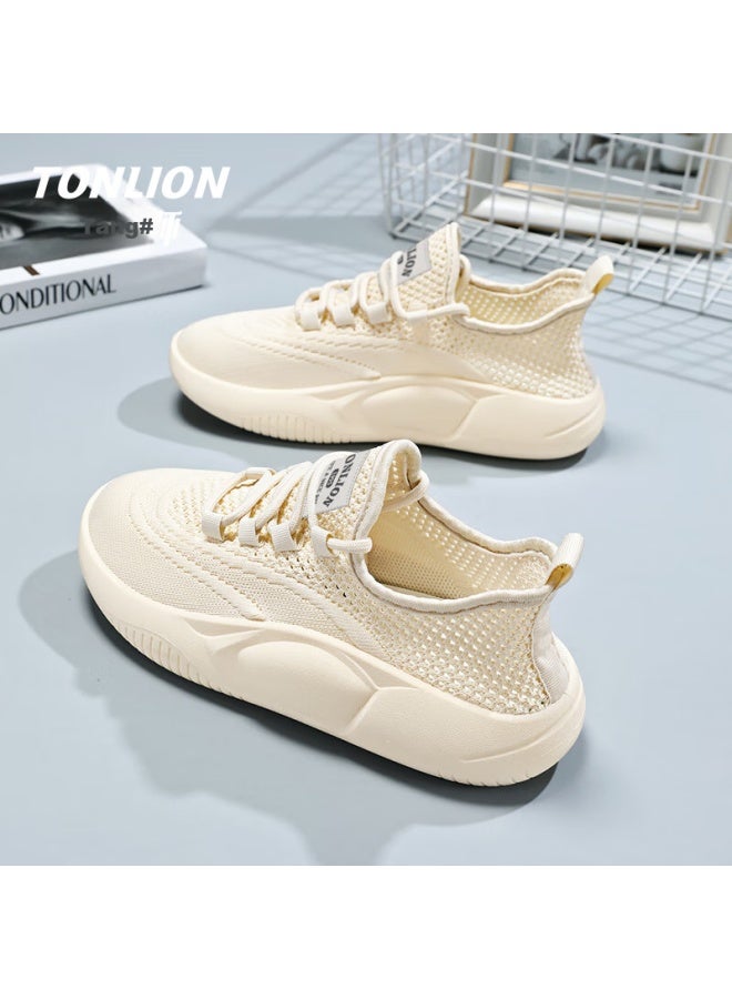 Tonlion Women's Summer Hollow Breathable Mesh Shoes Ladies Thick-soled Casual Sports Shoes Beige Size 39
