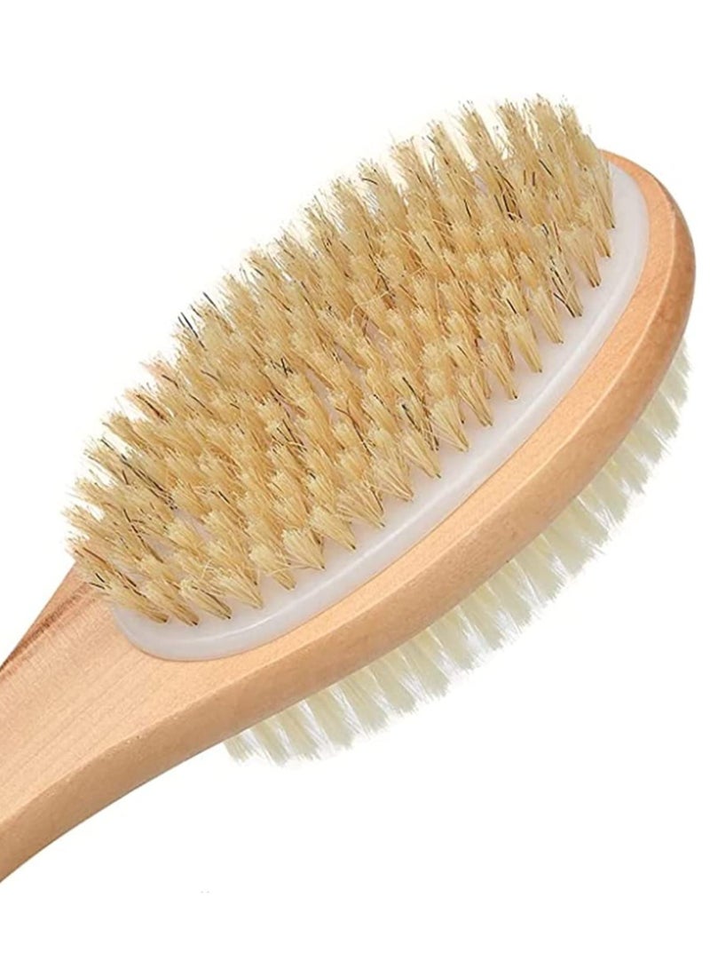 SYOSI Exfoliating Shower Brush, Bath Body Brush for Wet and Dry Use, Double Sided Bath Back Cleaning Scrubber with Soft and Stiff Bristles, Cleaner Brushes with Long Wooden Handle for Men Women - Image 4