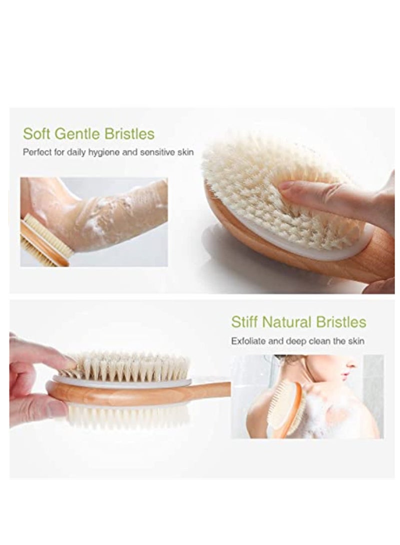 SYOSI Exfoliating Shower Brush, Bath Body Brush for Wet and Dry Use, Double Sided Bath Back Cleaning Scrubber with Soft and Stiff Bristles, Cleaner Brushes with Long Wooden Handle for Men Women - Image 2
