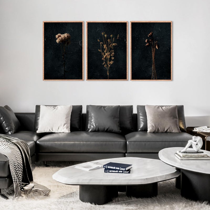 Ausril Moody Dark Orange Floral Framed Canvas Wall Art Set, Minimalist Wildflower Wall Decor, Black Flower Botanical Wall Painting, Modern Illustration Art Print Living Room, Bedroom, Office 36"x24"x3 - Image 2