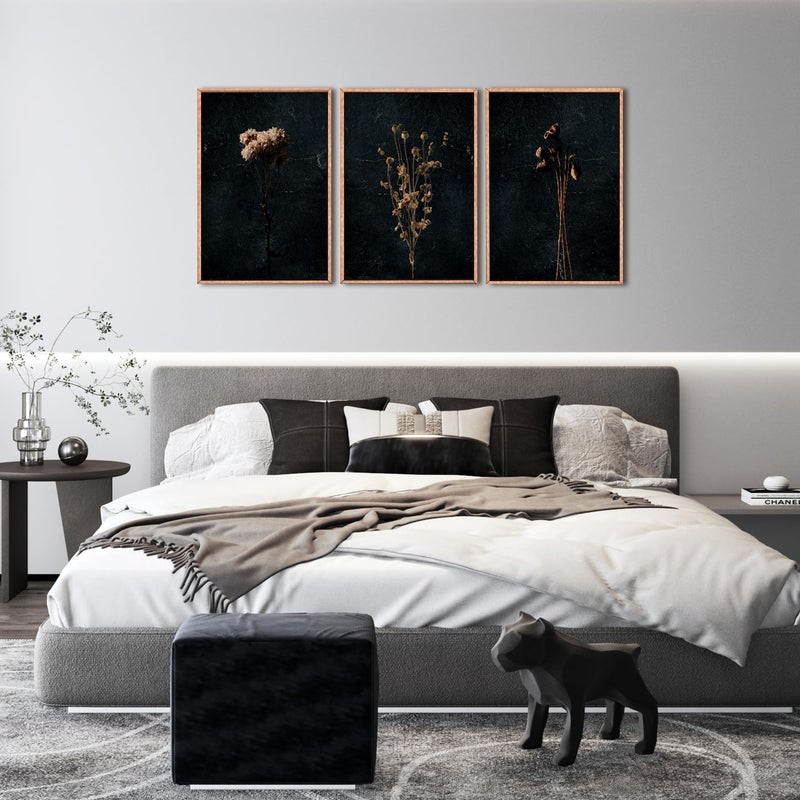 Ausril Moody Dark Orange Floral Framed Canvas Wall Art Set, Minimalist Wildflower Wall Decor, Black Flower Botanical Wall Painting, Modern Illustration Art Print Living Room, Bedroom, Office 36"x24"x3 - Image 3