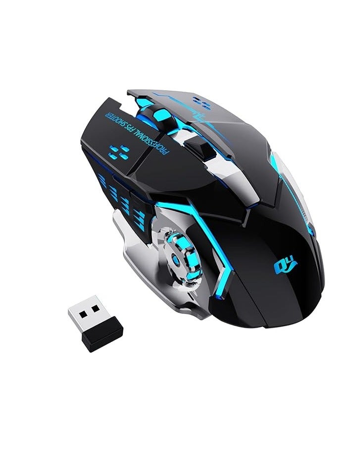 وايرلس ماوس ألعاب لاسلكي قابل لإعادة الشحن بنقرة صامتة مع 6 أزرار، 3 مستويات DPI قابلة للتعديل، أضواء LED ملونة لأجهزة الكمبيوتر المحمول، iPad، MacOS، الكمبيوتر الشخصي، Windows، Android (أسود) - Image 1