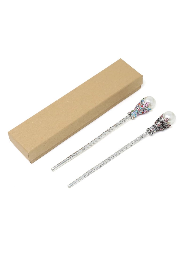 Yueton - yueton Pack of 2 Vintage Rhinestone Pearl Hair Stick Vintage Hair Chopsticks Hairpin Chignon Pin PinkColorful - Image 1