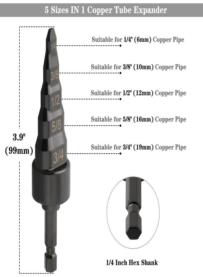 Saipe 2PCS Copper Tube Expander, 5 in1 Air Conditioner Pipe Swaging Flaring Drill Bits Repair Tool - 1/4 Inch Hex Shank (1/4'', 3/8'',1/2'',5/8'',3/4'') - Image 2