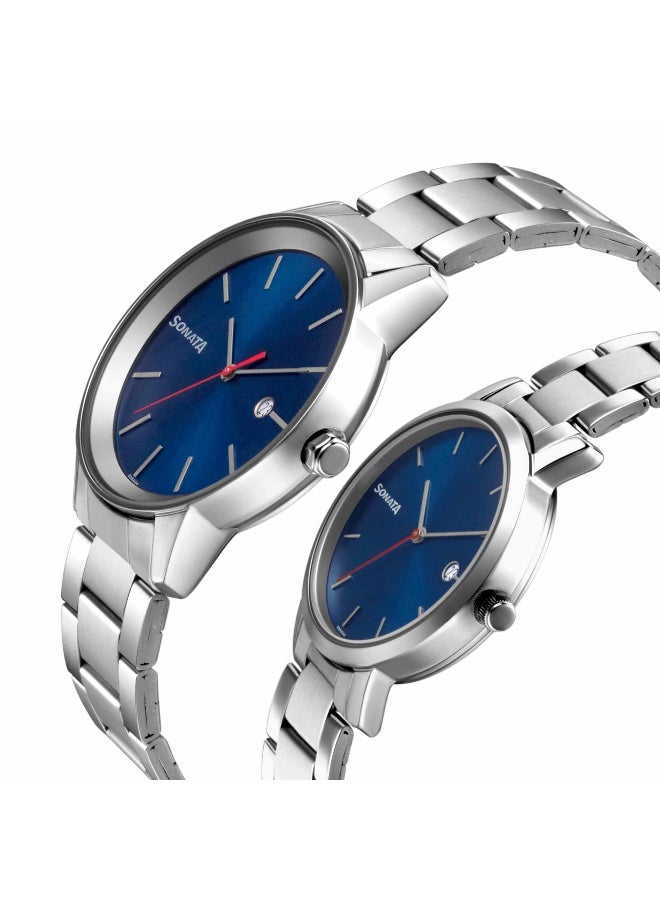 Sonata Quartz Analog with Date Blue Dial Metal Strap Watch for Couple - Image 3