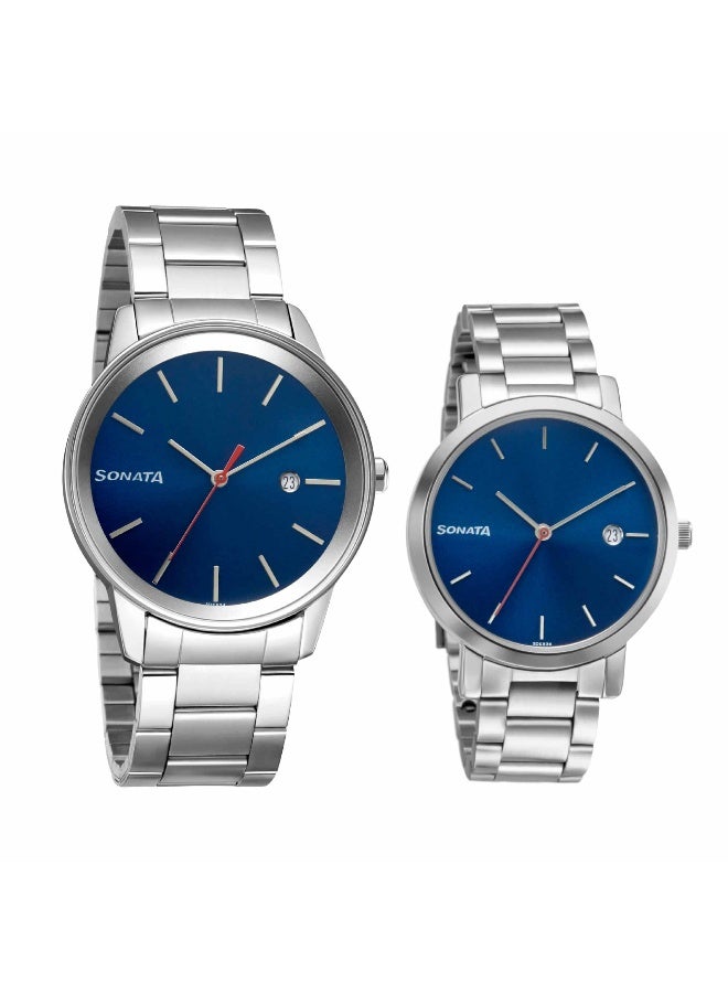 Sonata Quartz Analog with Date Blue Dial Metal Strap Watch for Couple - Image 1