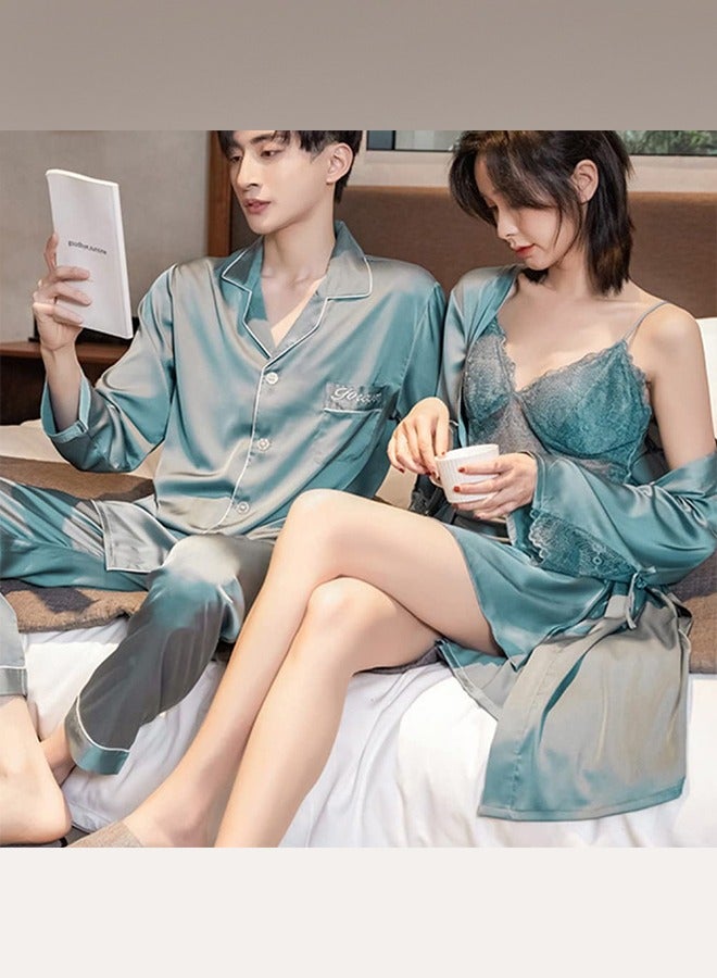 MARGOUN Summer Ice Silk XL Men Pajamas Large Women Lace Trim Robe Sets Home Service Suit Casual Couples Sleepwear Nightwear Cactus Green - Image 3
