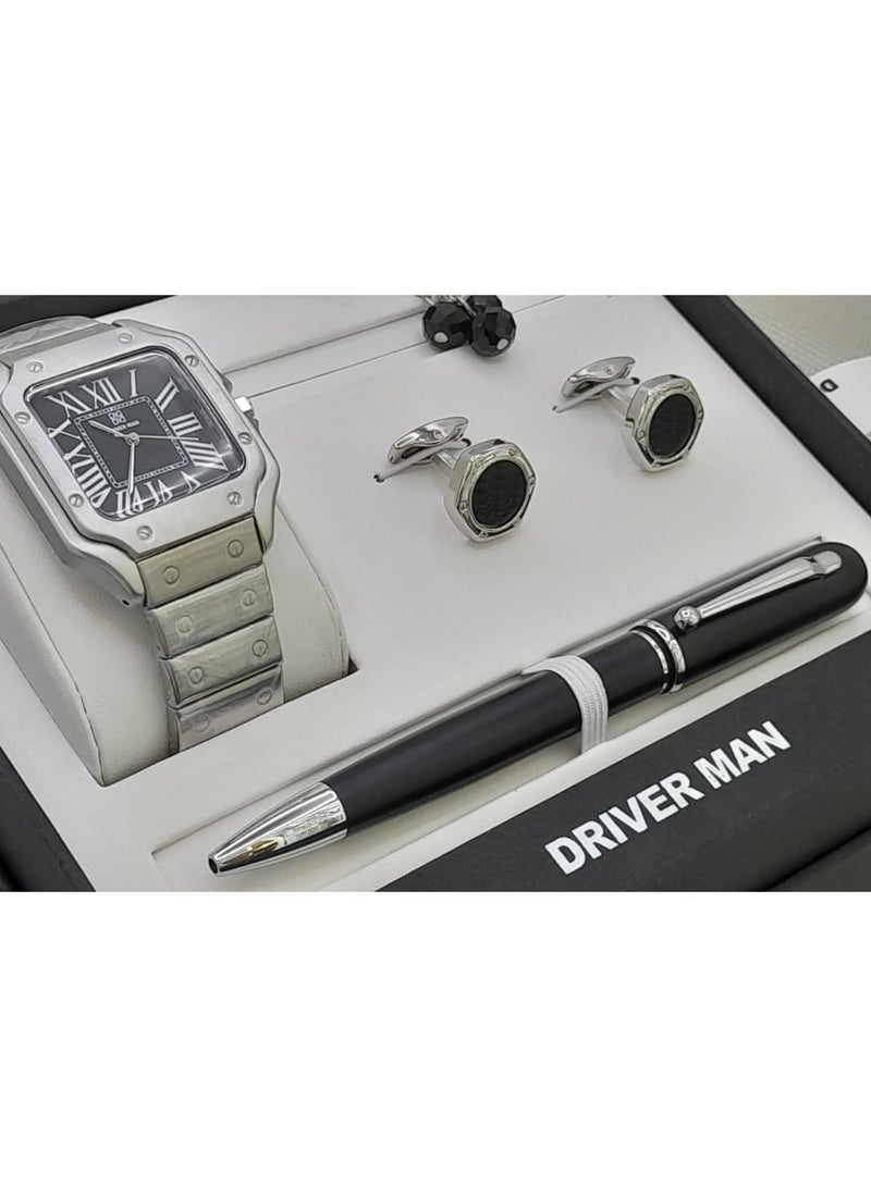 DRIVERMAN Driver Man men's watch set with a luxury box. Consisting of a watch, pen, cufflinks, and rosary.