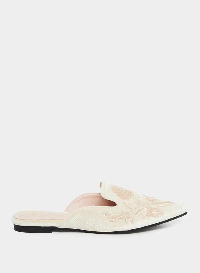 Styli Beige Embroidered Velvet Mules