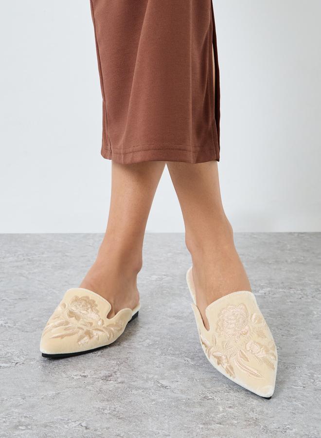 Styli Beige Embroidered Velvet Mules - Image 2