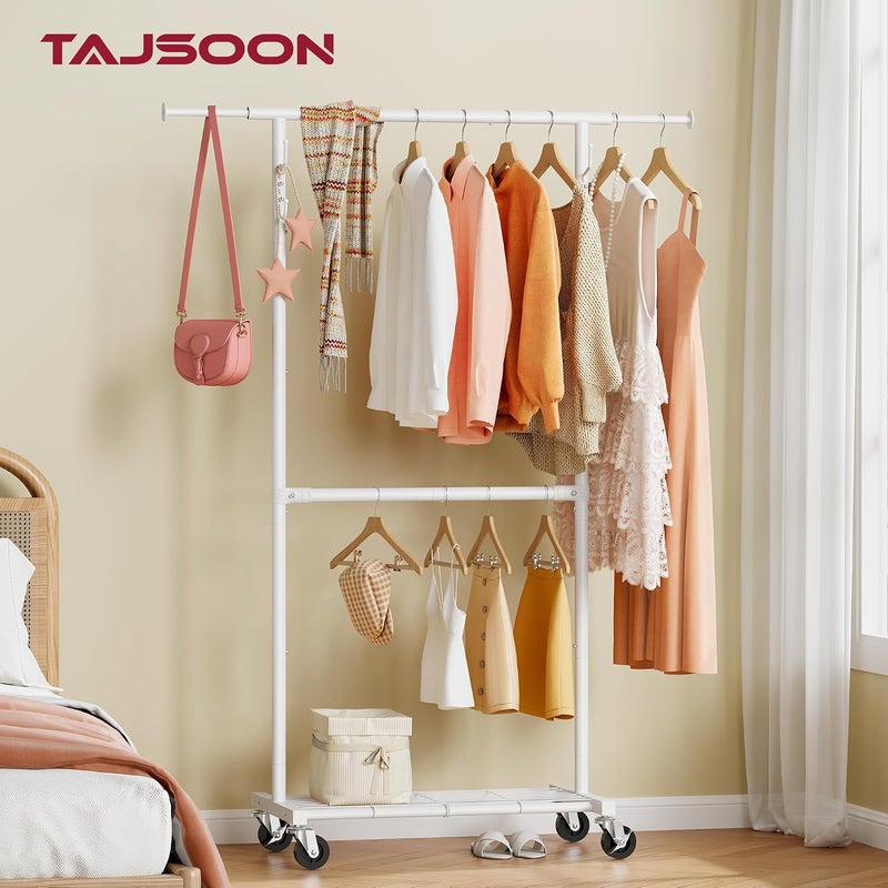Tajsoon رف الملابس ذو القضيبين، رف ملابس متين لتعليق الملابس مزود بعجلات، رف قابل للتمديد والتعديل مع أرفف سفلية وخطافات، لون أبيض - Image 2