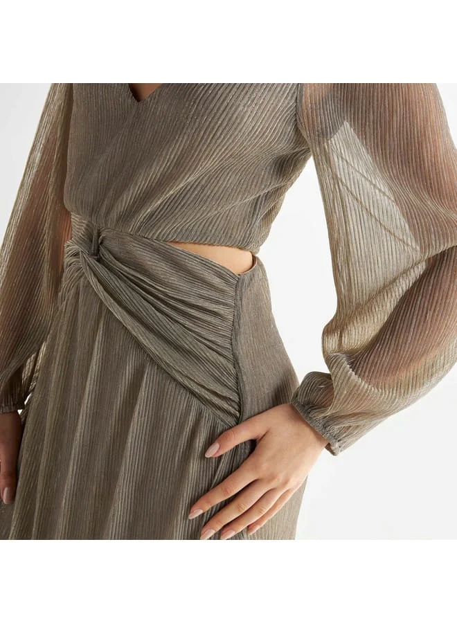 Splash FAV Textured V-neck Dress with Cutout Detail and Long Sleeves