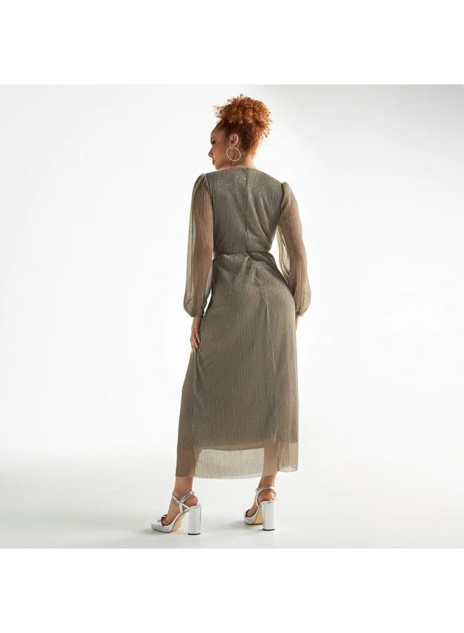 Splash FAV Textured V-neck Dress with Cutout Detail and Long Sleeves