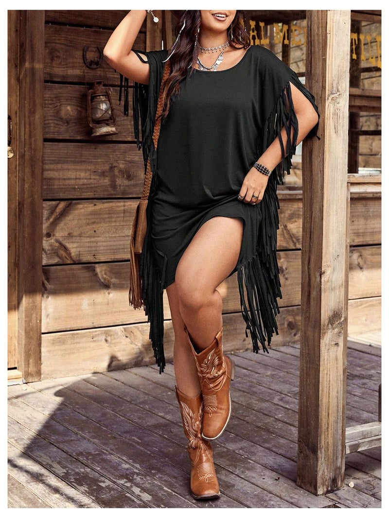 Verdusa Women's Plus Size Cowgirl Outfits Boho Fringe Dress Western Outfit Backless Tee Short Dresses Black XX-Large Plus - Image 3