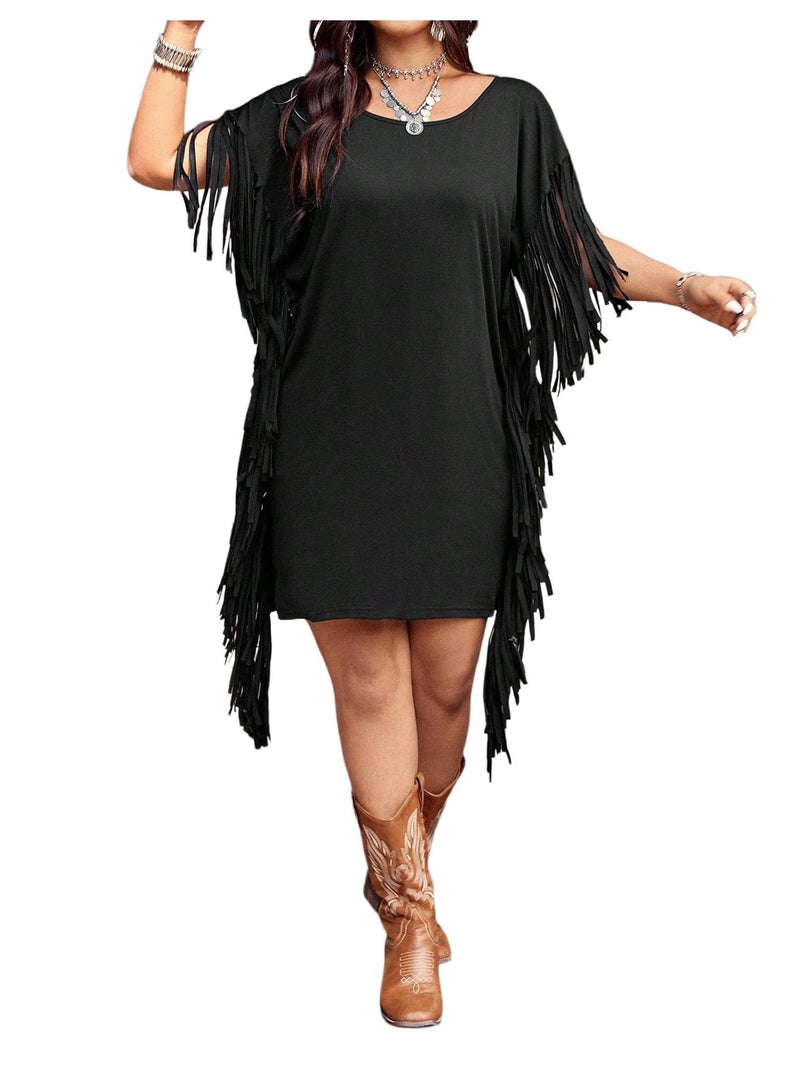 Verdusa Women's Plus Size Cowgirl Outfits Boho Fringe Dress Western Outfit Backless Tee Short Dresses Black XX-Large Plus - Image 1