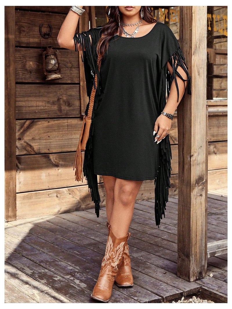 Verdusa Women's Plus Size Cowgirl Outfits Boho Fringe Dress Western Outfit Backless Tee Short Dresses Black XX-Large Plus - Image 5