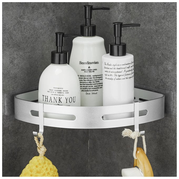 CORNER SHELF SHOWER BASKET SHOWER SHELF NO DRILLING SHOWER SHELF METAL WITH 2 HOOKS SHOWER SHELF BATHROOM SHELF WITH STICKER BATHROOM SHELF FOR BATHROOM AND KITCHEN SILVER