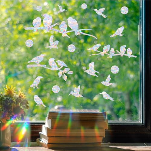 SHAWULA 72Pcs Birds Window Stickers Prevent Birds from Hitting Windows, Rainbow Sun Catcher Stickers No Glue Required, Non-Adhesive Reusable Vinyl Rainbow Stickers - Image 2