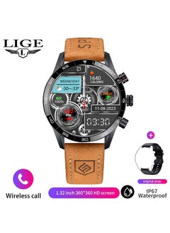 LIGE 1.39" HD IPS Screen Smart Watches for Men's Sports Bluetooth Call Waterproof Smartwatch Leather Brown Strap with Black Dial  - Image 1