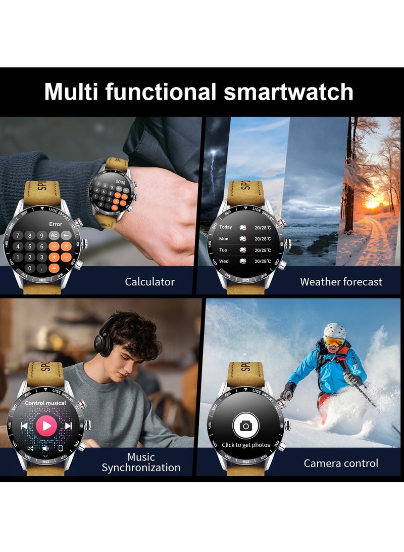 LIGE 1.39" HD IPS Screen Smart Watches for Men's Sports Bluetooth Call Waterproof Smartwatch Leather Brown Strap with Black Dial  - Image 4