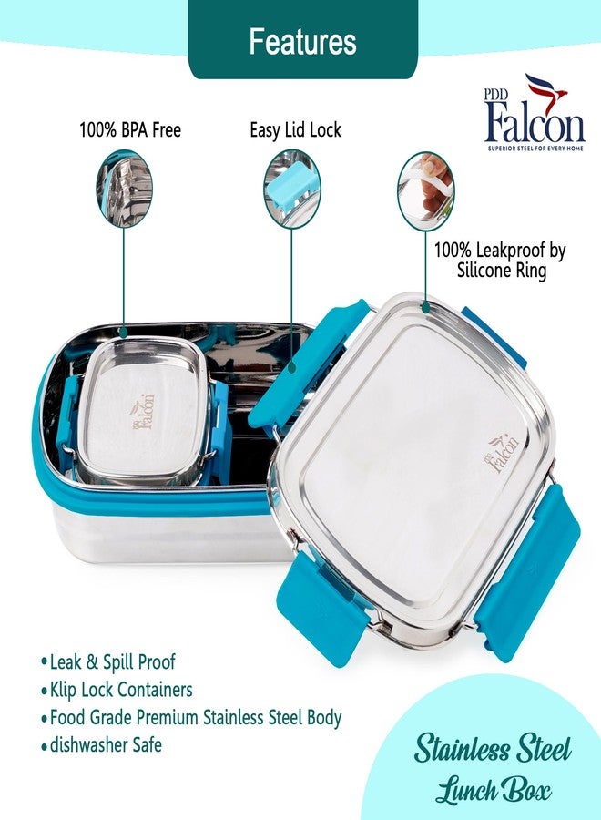 PDDFALCON Lunch Mate Stainless Steel Lunch Box with 1 Small Inner Container with Air Tight Lids 100% Leak-Proof, BIS Certified, Made in India -750ml+180ml (Lunch Mate 750+180 (Turkish Blue)) - Image 4