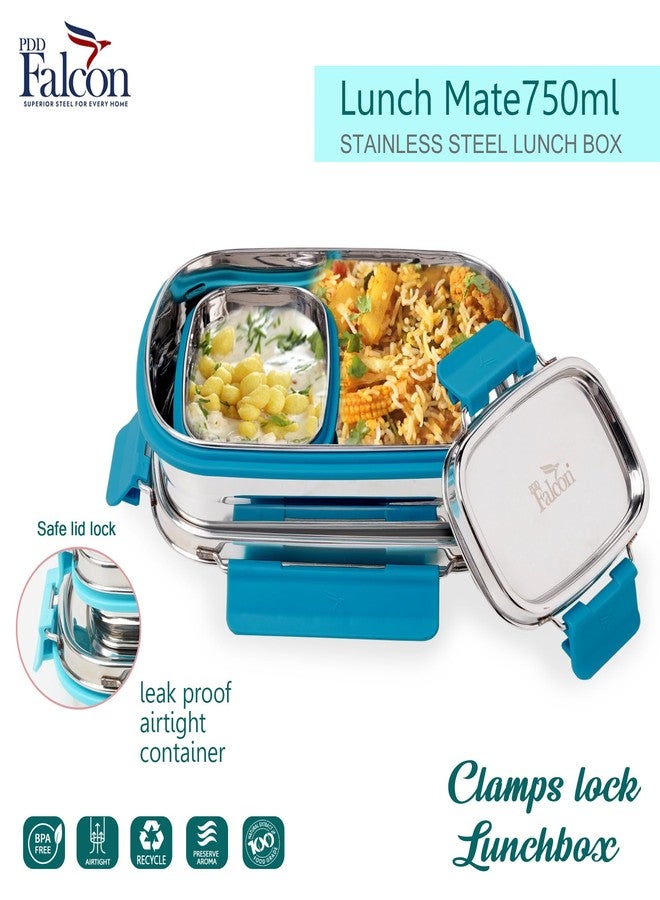PDDFALCON Lunch Mate Stainless Steel Lunch Box with 1 Small Inner Container with Air Tight Lids 100% Leak-Proof, BIS Certified, Made in India -750ml+180ml (Lunch Mate 750+180 (Turkish Blue)) - Image 3