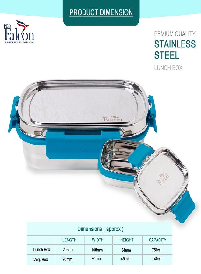 PDDFALCON Lunch Mate Stainless Steel Lunch Box with 1 Small Inner Container with Air Tight Lids 100% Leak-Proof, BIS Certified, Made in India -750ml+180ml (Lunch Mate 750+180 (Turkish Blue)) - Image 2