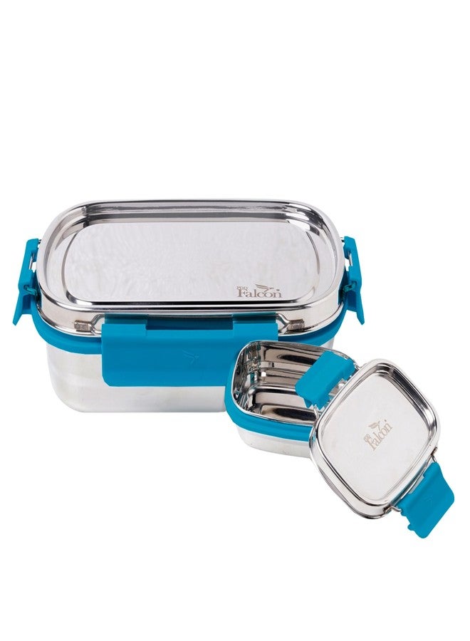 PDDFALCON Lunch Mate Stainless Steel Lunch Box with 1 Small Inner Container with Air Tight Lids 100% Leak-Proof, BIS Certified, Made in India -750ml+180ml (Lunch Mate 750+180 (Turkish Blue)) - Image 1
