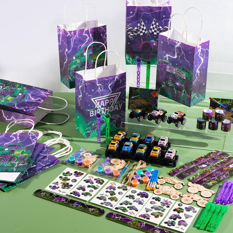 Vanblue 84 Pcs Monster Truck Party Favors Green Purple Truck Car Birthday Decorations Supplies Goodie Bag Stuffers Gift for Boy Party Pinata Filler Classroom Rewards - Image 2