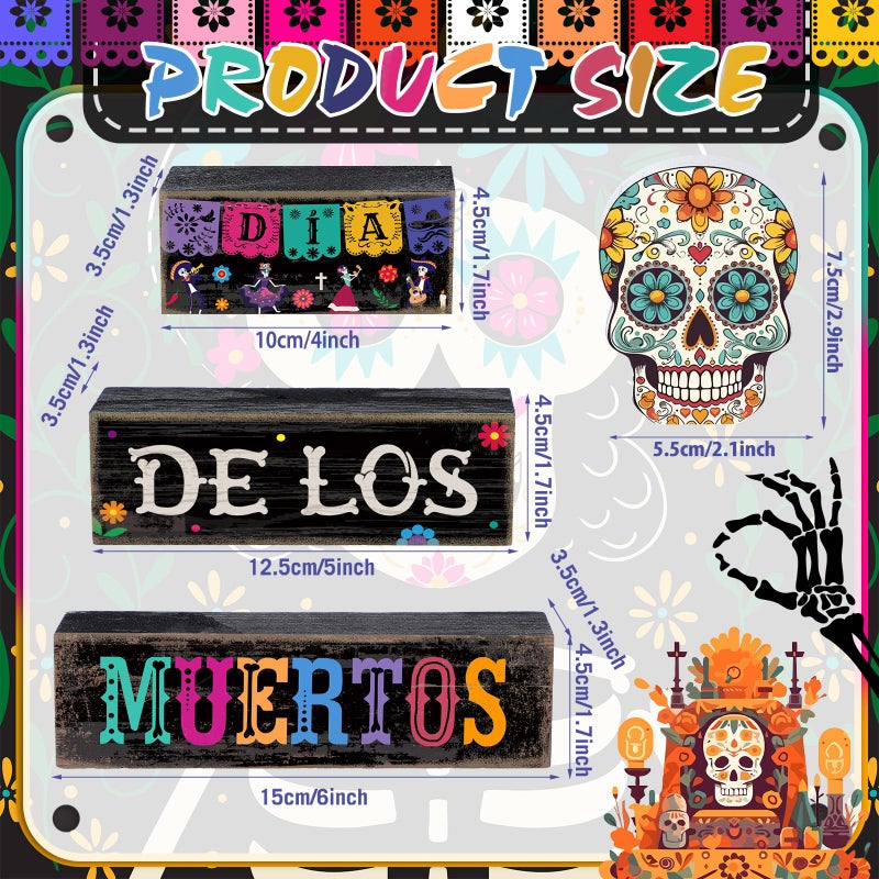 Lineshading 4 Pcs Day Of The Dead Table Decorations Day Of The Dead Centerpiece For Table Dia De Los Muertos Tiered Tray Decor Wood Sugar Skull Block Signs For Halloween Party Home Shelf Decoration - Image 3
