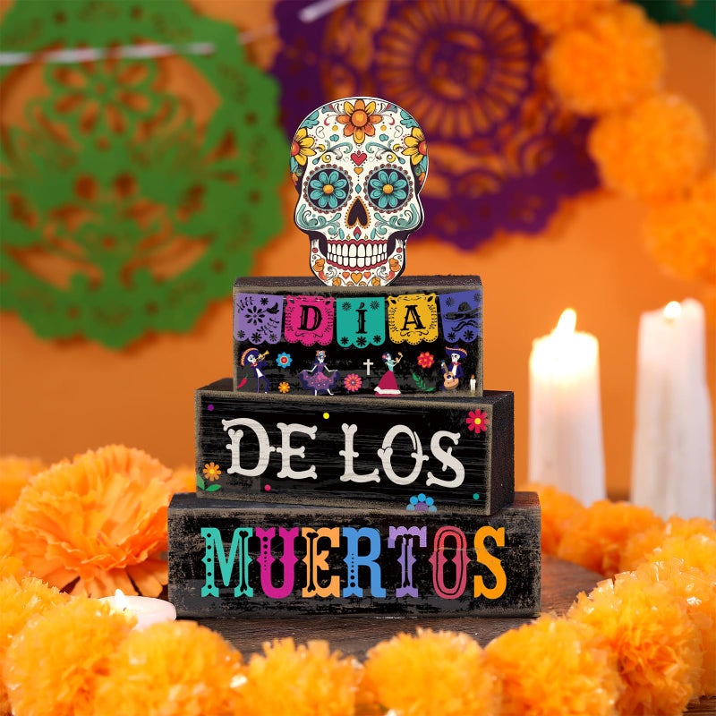 Lineshading 4 Pcs Day Of The Dead Table Decorations Day Of The Dead Centerpiece For Table Dia De Los Muertos Tiered Tray Decor Wood Sugar Skull Block Signs For Halloween Party Home Shelf Decoration - Image 2