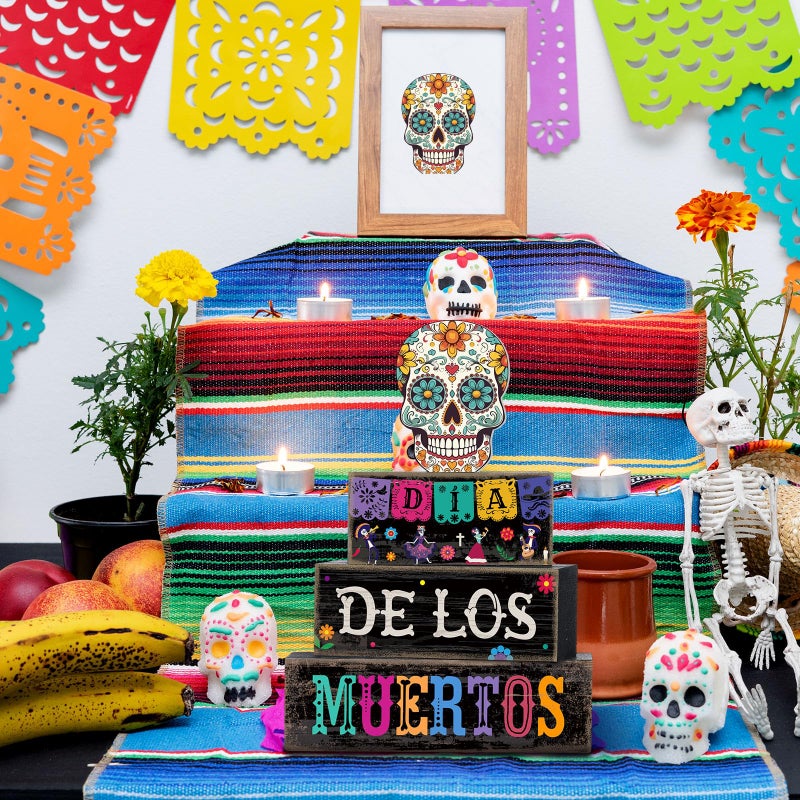 Lineshading 4 Pcs Day Of The Dead Table Decorations Day Of The Dead Centerpiece For Table Dia De Los Muertos Tiered Tray Decor Wood Sugar Skull Block Signs For Halloween Party Home Shelf Decoration - Image 4