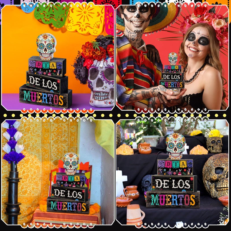 Lineshading 4 Pcs Day Of The Dead Table Decorations Day Of The Dead Centerpiece For Table Dia De Los Muertos Tiered Tray Decor Wood Sugar Skull Block Signs For Halloween Party Home Shelf Decoration - Image 5