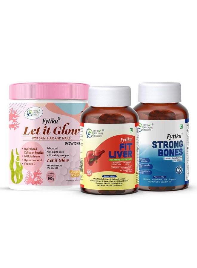 Fytika Let it Glow Pineapple, Collagen Powder-200G + Fytika Fit Liver (Liver Detox Supplement)-60 Tabs + Fytika Strong bones with Calcium and Vitamin D2-60 Tabs - Image 1