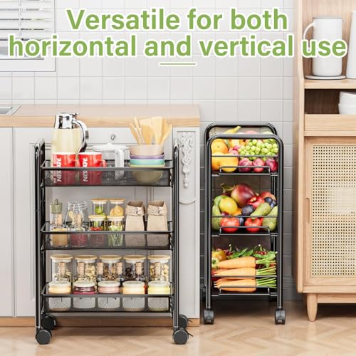 TARKAN 3-Tier Rolling Metal Storage Cart, Mesh Baskets with 360° Wheels, Multipurpose Trolley (Black) - Image 4