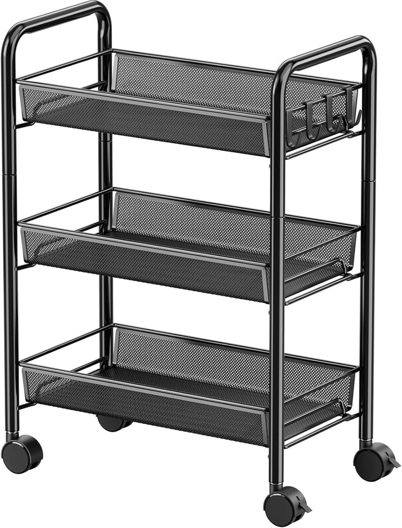 TARKAN 3-Tier Rolling Metal Storage Cart, Mesh Baskets with 360° Wheels, Multipurpose Trolley (Black) - Image 1