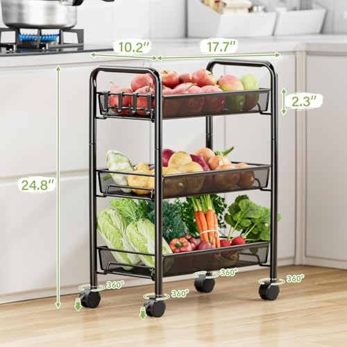 TARKAN 3-Tier Rolling Metal Storage Cart, Mesh Baskets with 360° Wheels, Multipurpose Trolley (Black) - Image 2