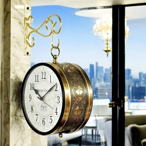 Vintage Clock ساعة حائط مزدوجة الجانب مصنوعة يدويًا بتصميم عتيق مع ضمان لمدة سنة / 65091-6-HH، حديد، 15x15 سم، أرقام إنجليزية على الجانبين، ذهبية - Image 1