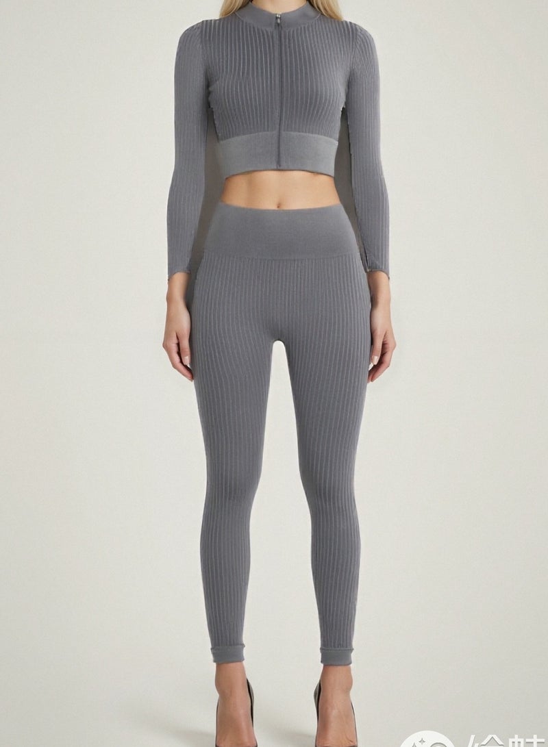 Women's Full Length Zipper Yoga Set - Long Sleeves and Pants, Stretchy and Slim Fit Activewear Perfect for Yoga, Gym and Outdoor Workouts  - Image 1