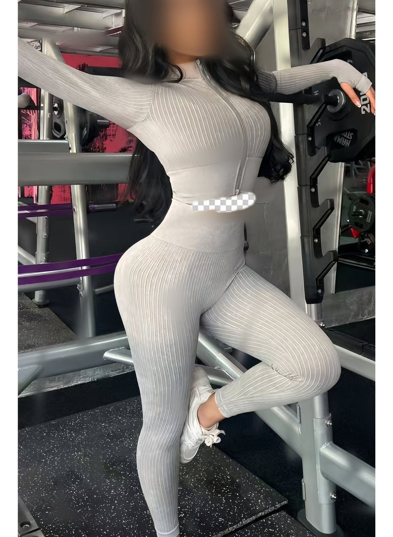 طقم يوغا نسائي بطول كامل وسحاب - أكمام طويلة وبنطال، ملابس رياضية مرنة وضيقة مثالية لليوغا والجيم والتمارين الخارجية - Image 1